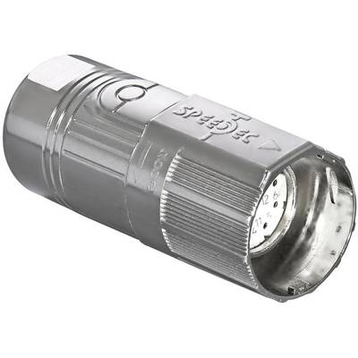 Kovový konektor s vroubkovaným povrchem a popisem na straně, válcovitého tvaru, pro technické použití.