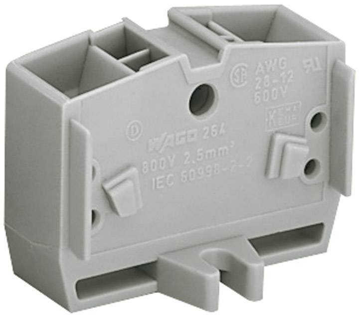 Šedý svorkovnicový blok WAGO, model 264, vhodný pro 800V, 2,5 mm², podle IEC 60998-2-2. Viditelné trojúhelníkové a obdélníkové svorky.