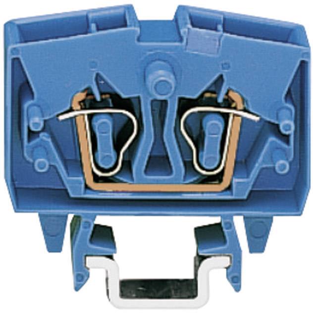 Modrý elektrický konektor se dvěma kovovými prvky uprostřed, pravděpodobně určený pro kabeláž nebo elektrické instalace.