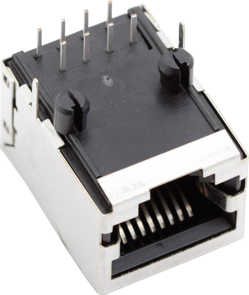 RJ45 síťový konektor s kovovým pouzdrem, šest kolíků nahoře a osm kontaktů uvnitř, určený pro ethernetové připojení.