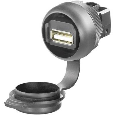USB port s ochranným víčkem, otevřený, ukazující vnitřní strukturu pro bezpečné připojení.