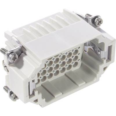 Obdélníkový elektrický konektor s několika kolíkovými otvory a šrouby v rozích pro upevnění kabelů.