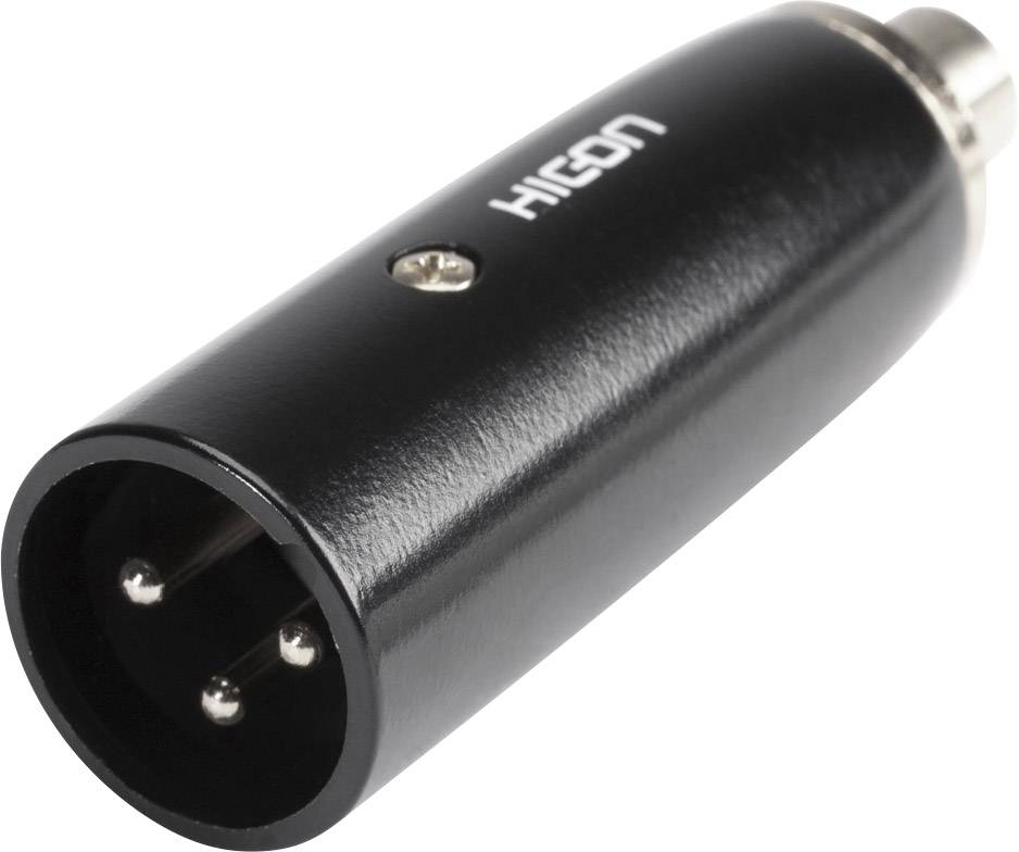 Černý XLR konektor se třemi piny, po straně potištěný názvem značky 'HICON'. Vhodný pro profesionální audio připojení.