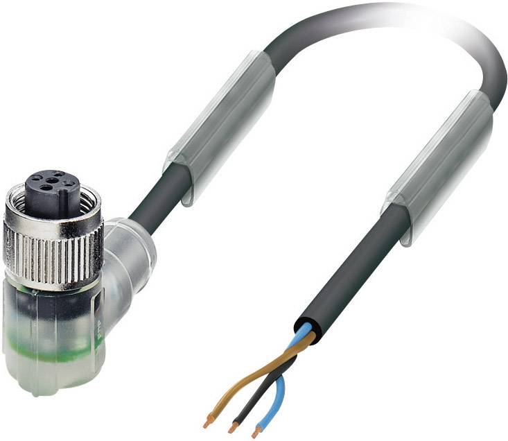 Modré a hnědé elektrické L-kabel s kovovým konektorem a volnými konci kabelů, vhodný pro průmyslové použití.