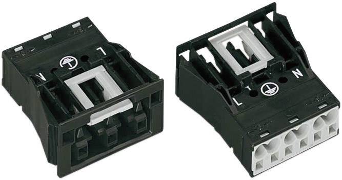 Dva černé elektrické modulové svorky s označeními uzemnění, nulového a fázového vodiče, používané pro připojení kabelů.