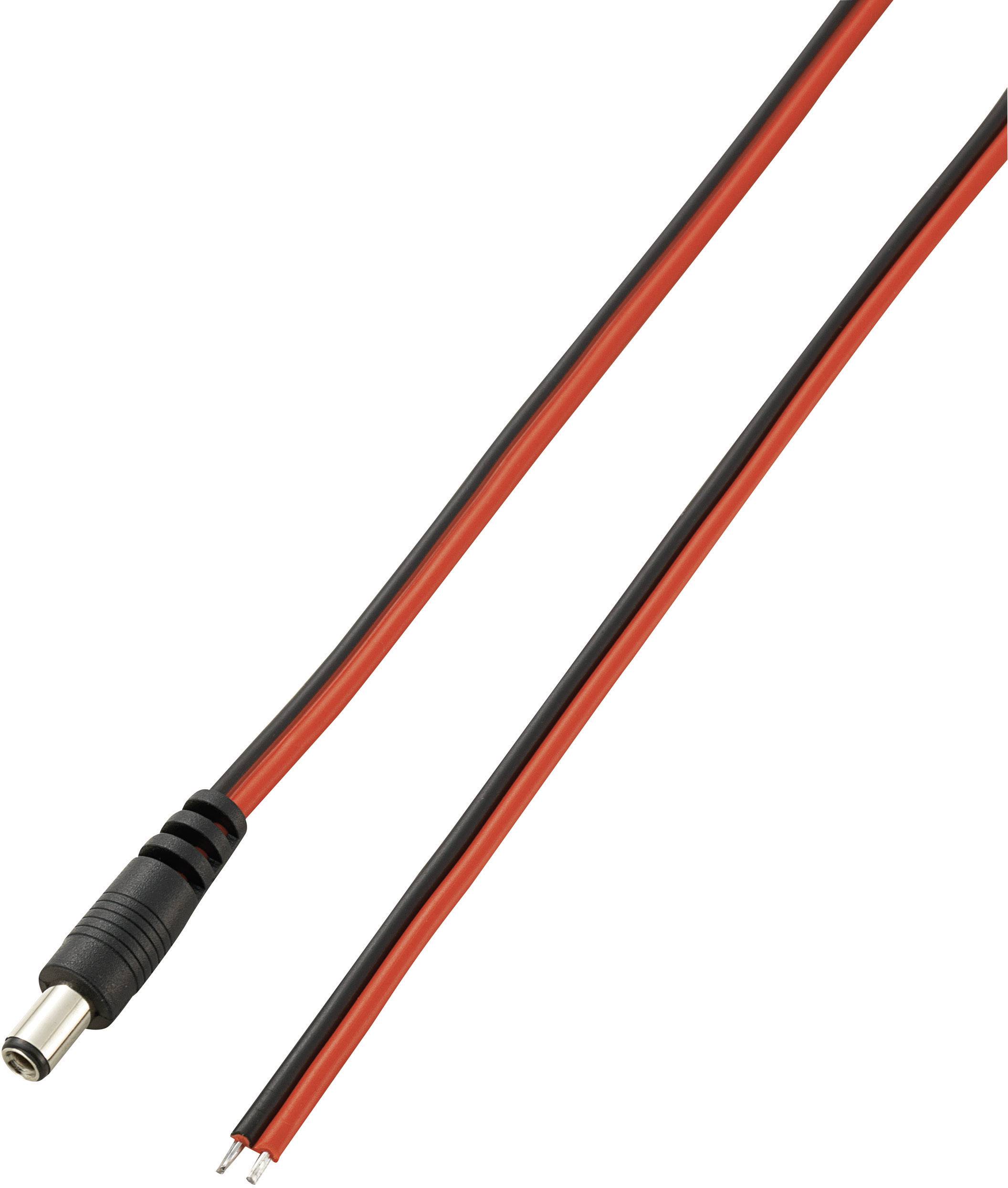 Obrázek ukazuje černý a červený síťový kabel s konektorem na jednom konci a nezakončenými vodiči na straně druhé.