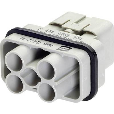Šedý elektrický konektor s pěti kulatými vstupy a černým těsněním. Navržen pro průmyslové použití.