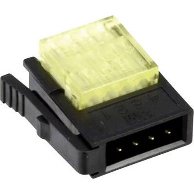 Černený 4-pinový Molex konektor se žlutým pojistným prvkem, boční pohled.