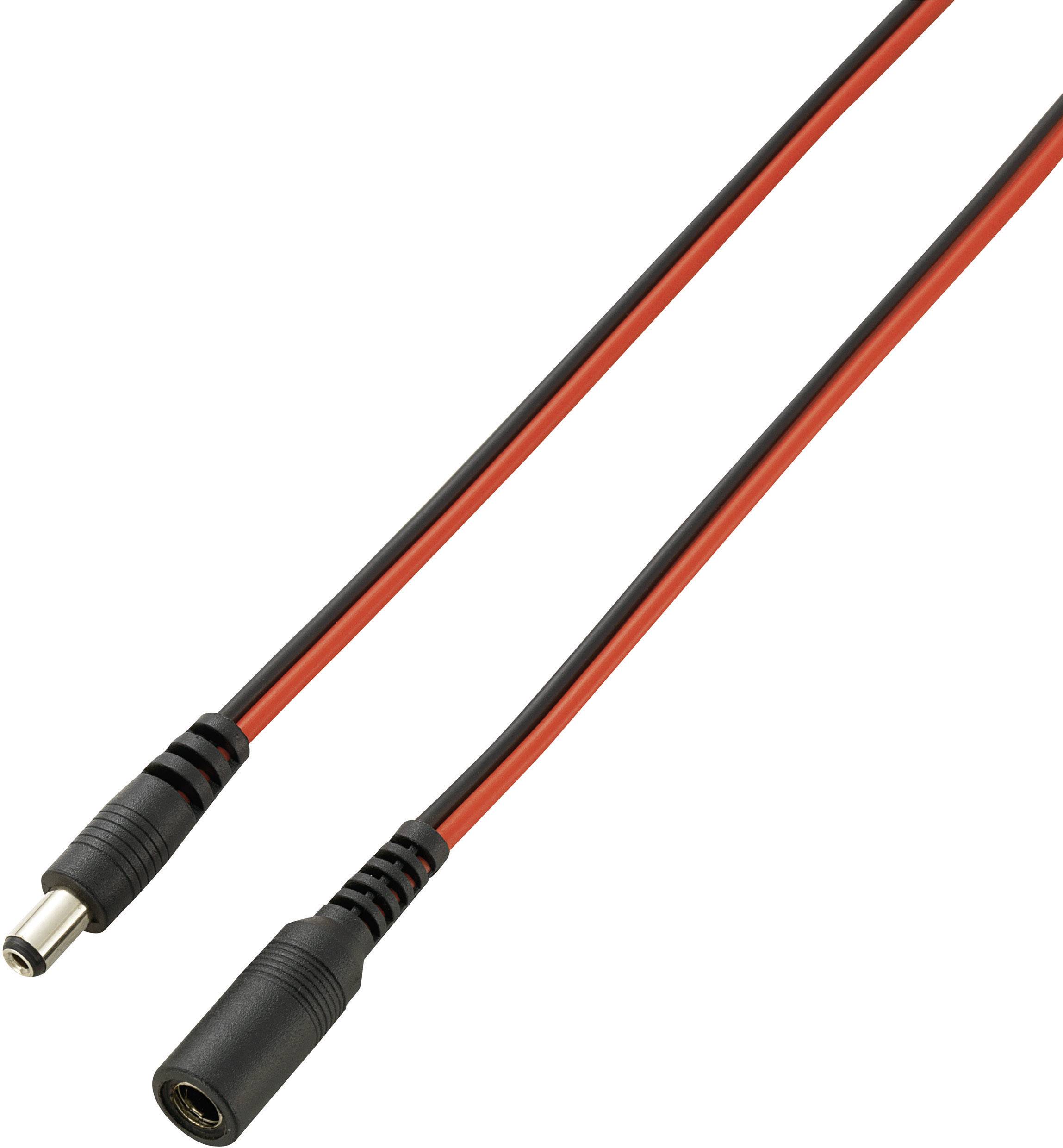 Černý a červený kabel s samčím a samičím konektorem, vhodný pro elektronické nebo elektrické připojení.