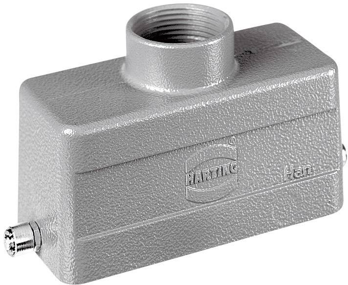 Šedý čtvercový rozváděč pro elektrické přípojky, nahoře s kulatým závitem, s logem 'HARTING'.