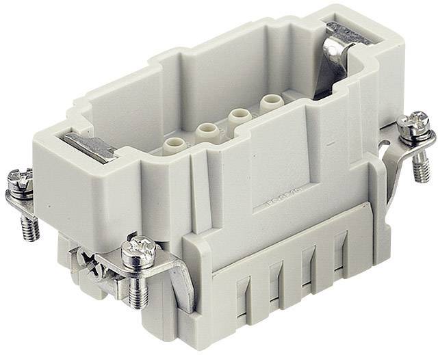 Obdélníkový, šedý elektrický konektor s několika kovovými kontakty a šroubovými upevněními po stranách.