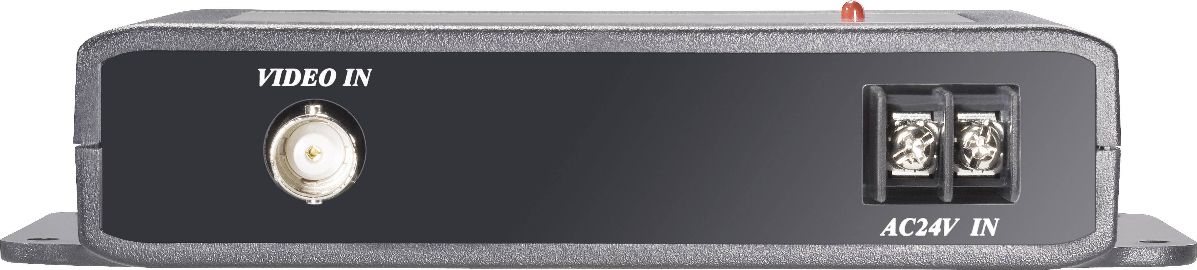 Černé elektronické zařízení s videovstupem a vstupem AC24V. Obsahuje konektory na přední straně.