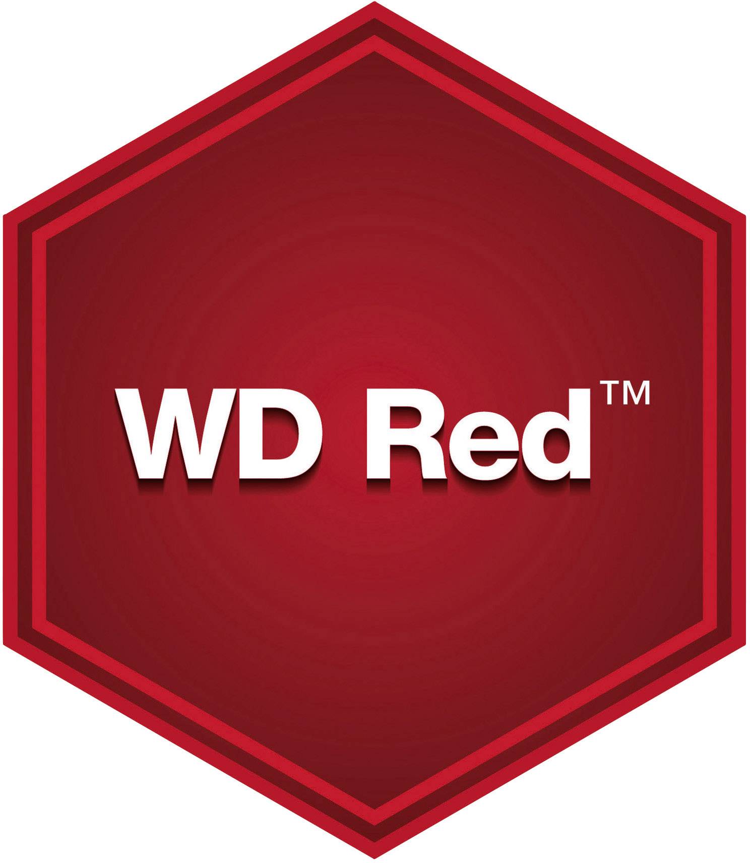 Logo 'WD Red' v červené barvě, šestiúhelníkový tvar, označuje pevné disky určené pro NAS servery.