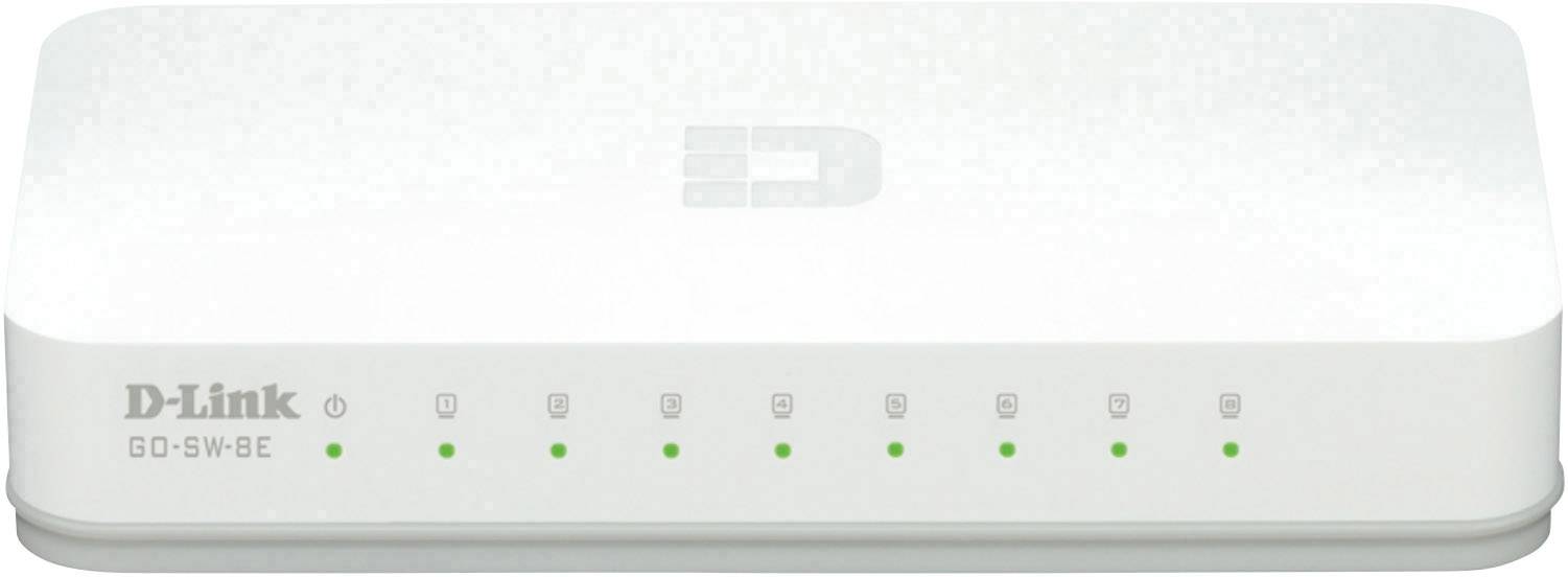 Bílý síťový switch značky D-Link s několika zelenými LED indikátory na přední straně, model GO-SW-8E.