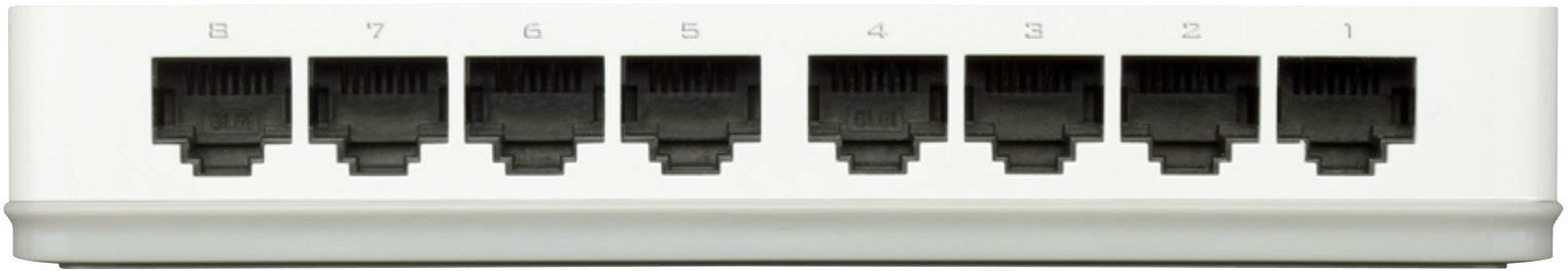 Síťový switch s osmi ethernetovými porty v řadě.