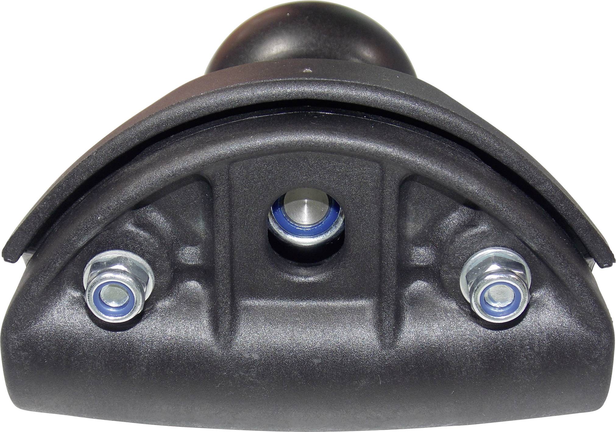 Černá plastová součástka se dvěma postranními šrouby a centrálním otvorem, pravděpodobně propojovací díl nebo držák.