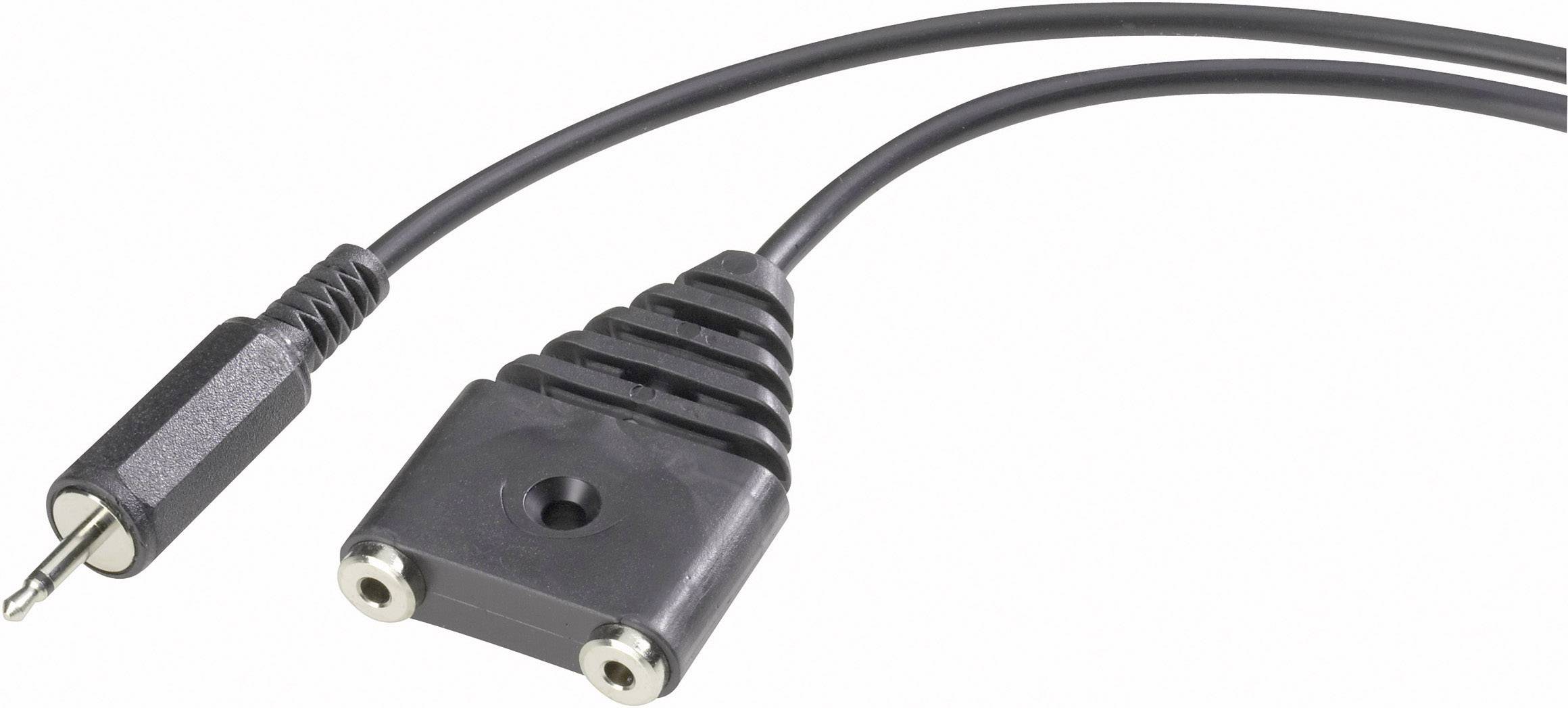 Černý audio rozbočovací kabel s 3,5mm konektorem a dvěma zásuvkovými vstupy pro připojení dvou sluchátek k jednomu zařízení.