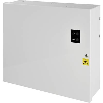 Bílá elektrická rozvodná skříň se dvěma ovládacími prvky a výstražným symbolem elektrického nebezpečí.
