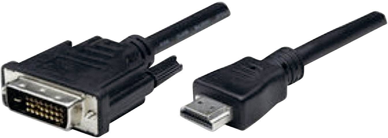 Adaptérový kabel s DVI konektorem vlevo a HDMI konektorem vpravo pro propojení zařízení s různými videoporty.