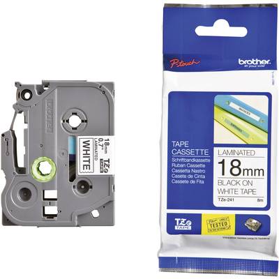 Páska do štítkovače Brother P-touch, 18mm, černá na bílé. Balení a kazeta vedle sebe. Vhodné pro tiskárny štítků.