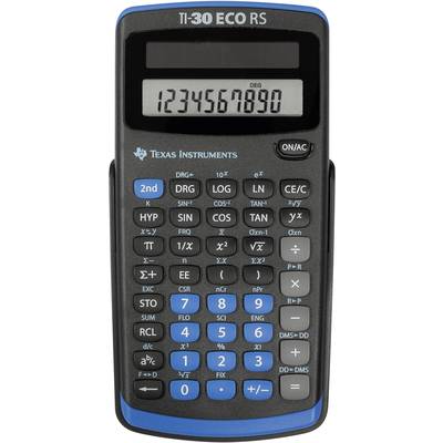 Kalkulačka modelu 'TI-30 ECO RS' zobrazuje čísla 1 až 9 na displeji. Obsahuje tlačítka pro základní i pokročilé matematické funkce.
