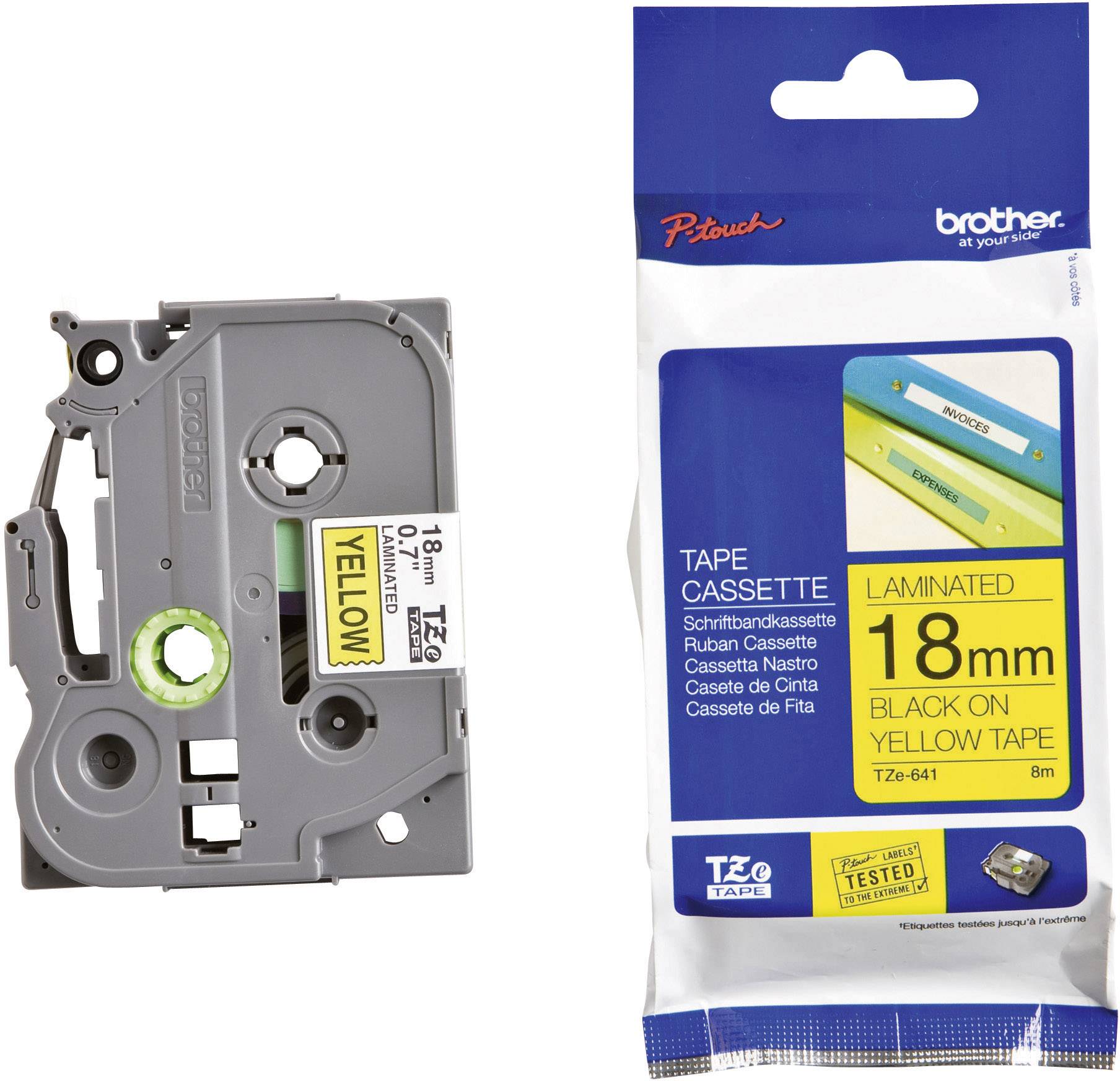 'Páska Brother Laminated Tape Cassette, 18mm, černá na žluté, TZe-641, 8m role, pro štítkovače.'