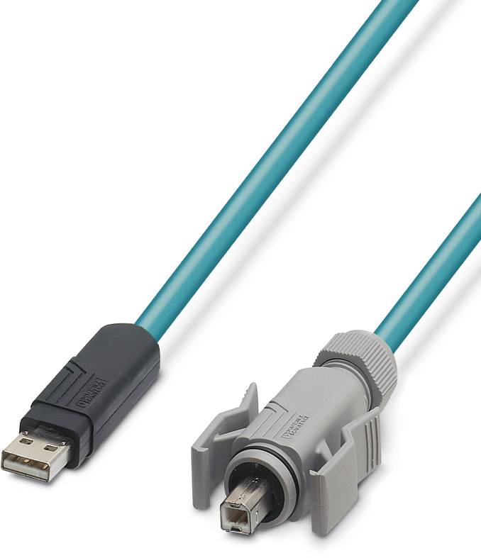 USB kabel s dvěma různými konektory: vlevo standardní USB zástrčka, vpravo specializovaná šedá zástrčka.