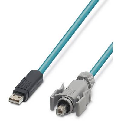 USB kabel s dvěma různými konektory: vlevo standardní USB zástrčka, vpravo specializovaná šedá zástrčka.