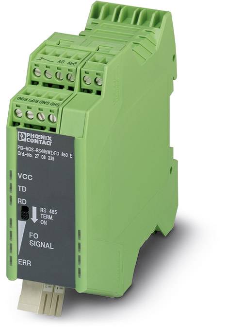 'Phoenix Contact rozhraní konvertor PSI-MOS-RS485W/FO 850 E, zelený, s víceposchoďovými zásuvnými svorkami pro VCC, TD, RD a ERR.'