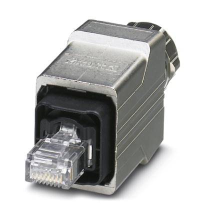 RJ45 konektor v kovovém pouzdře, vhodný pro průmyslové síťové připojení, s robustním stíněným designem.