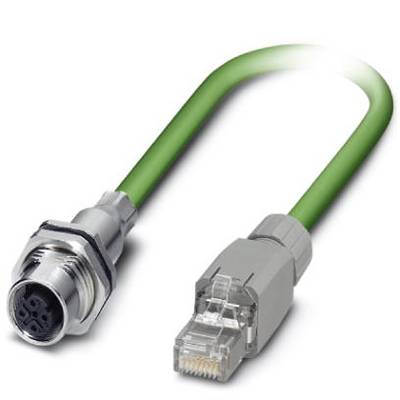 Zelený ethernetový patch kabel s konektory M12 a RJ45, vhodný pro průmyslové síťové připojení.