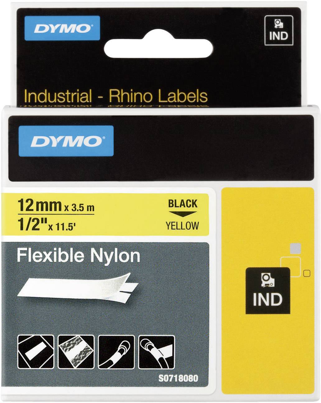 Etiketa pro štítky Dymo Rhino: 'Flexibilní nylon', 12mm x 3,5m, černá na žluté. Piktogramy zobrazují možnosti použití pro kabely.