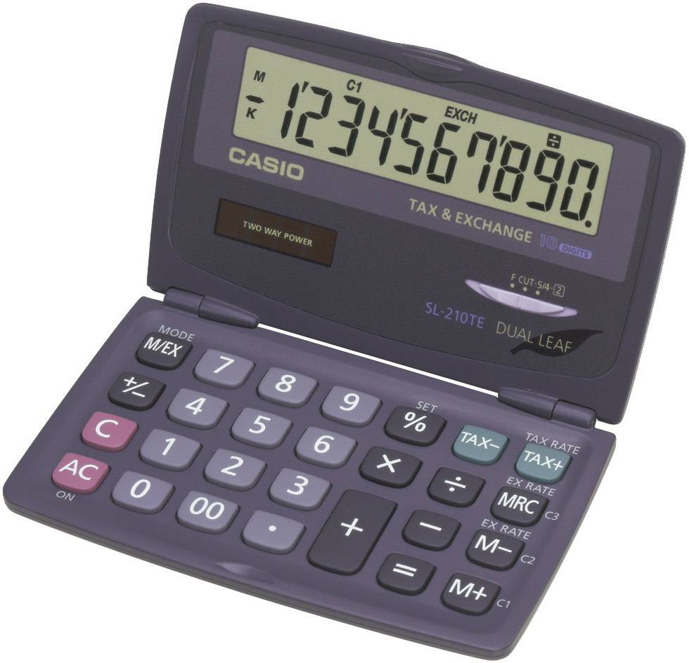 Kalkulačka s otevřeným displejem, zobrazující čísla '1234567890'. Tlačítka pro základní matematické operace a speciální funkce.