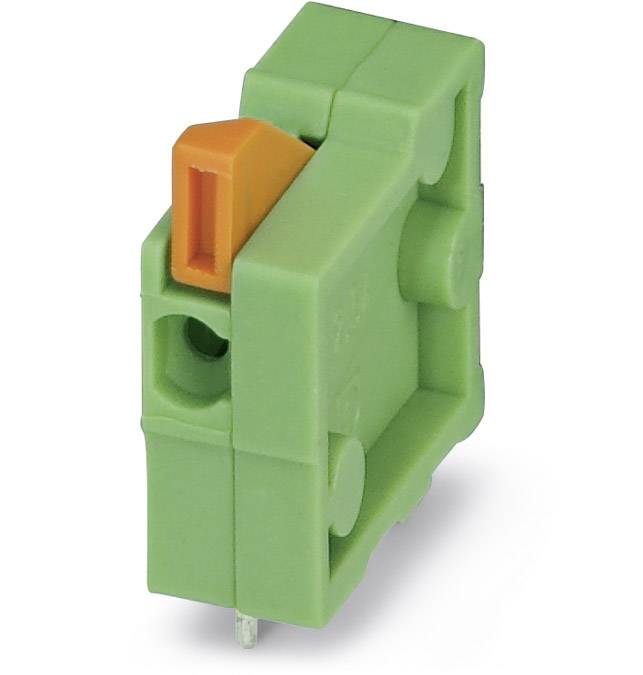 Zelený elektrický konektor s oranžovým zajišťovacím mechanismem, pohled z boku. Primárně používaný v elektrických obvodech.