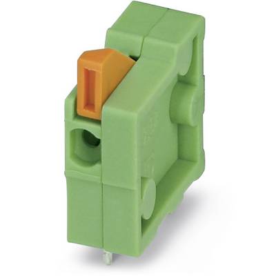 Zelený elektrický konektor s oranžovým zajišťovacím mechanismem, pohled z boku. Primárně používaný v elektrických obvodech.