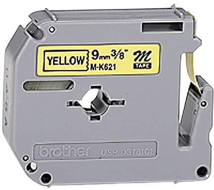 Páska do tiskárny štítků s žlutým štítkem 'YELLOW 9 mm 3/8" M-TAPE', šedé pouzdro. Značka 'brother'. Vhodná pro štítkovače.