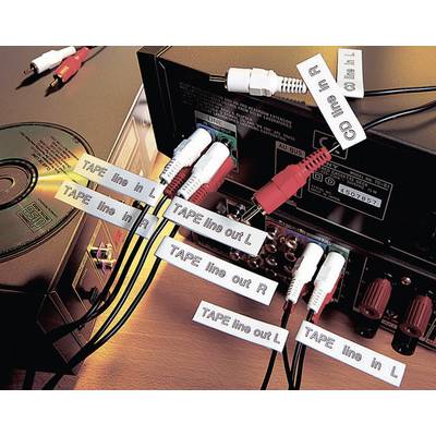 Zadní strana audio zařízení s několika připojenými kabely. Každý kabel je označen štítky jako 'TAPE line in' a 'CD line in'.