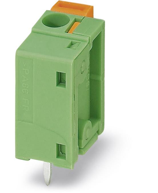 Zelený elektrický konektor s oranžovou páčkou a kovovým kolíkem na spodní straně, orientovaný vertikálně.