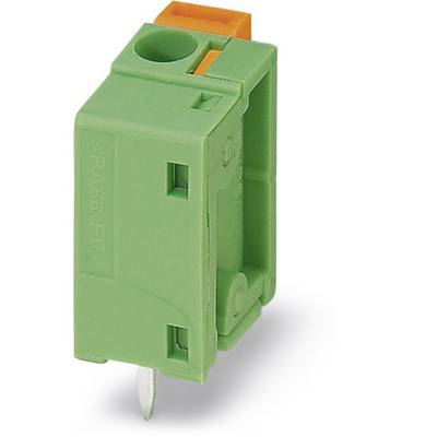 Zelený elektrický konektor s oranžovou páčkou a kovovým kolíkem na spodní straně, orientovaný vertikálně.