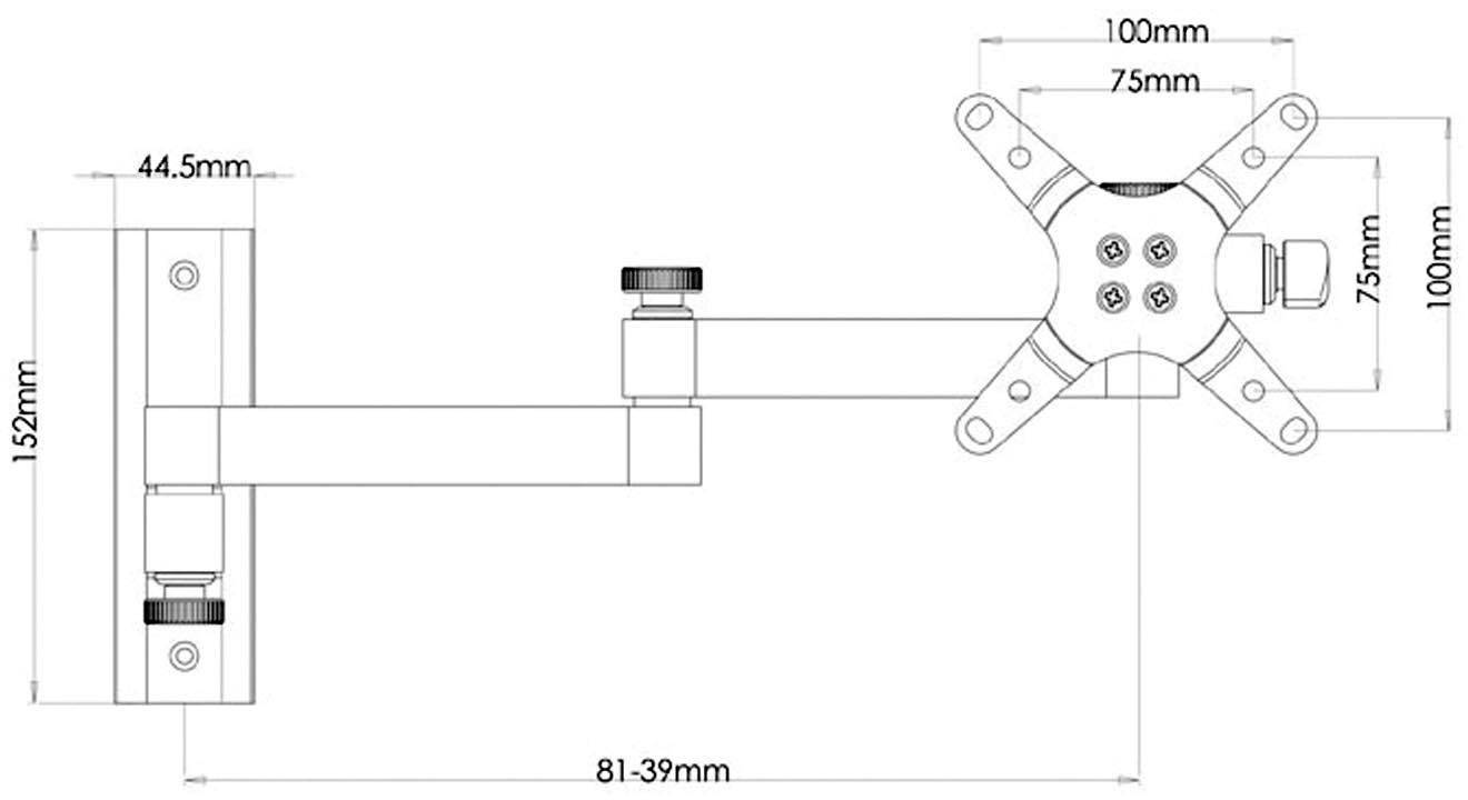 Technický výkres nastavitelného držáku monitoru s rozměry: výška 152 mm, šířka 44,5 mm, kompatibilita VESA 75-100 mm.