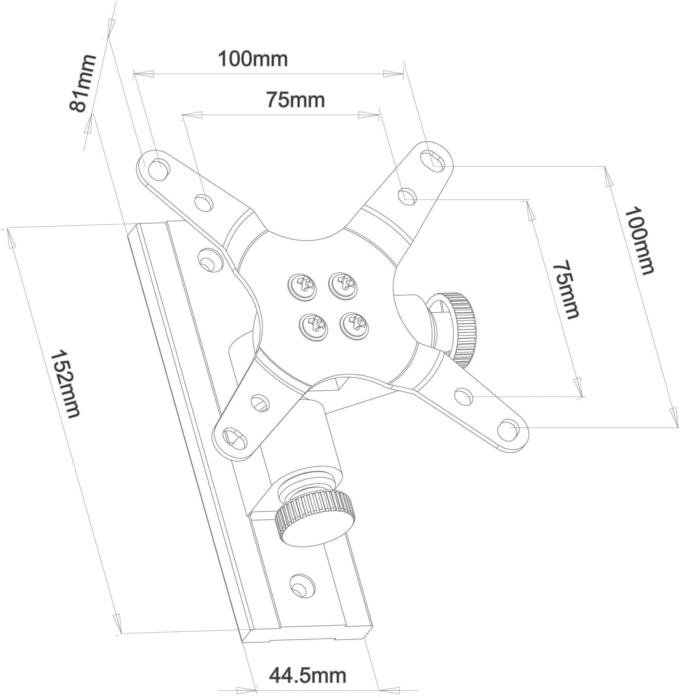 Montážní návod pro držák monitoru, zobrazující detailní rozměry v milimetrech: 100x100, 75x75, 81, 152, 44,5.