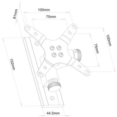 Montážní návod pro držák monitoru, zobrazující detailní rozměry v milimetrech: 100x100, 75x75, 81, 152, 44,5.