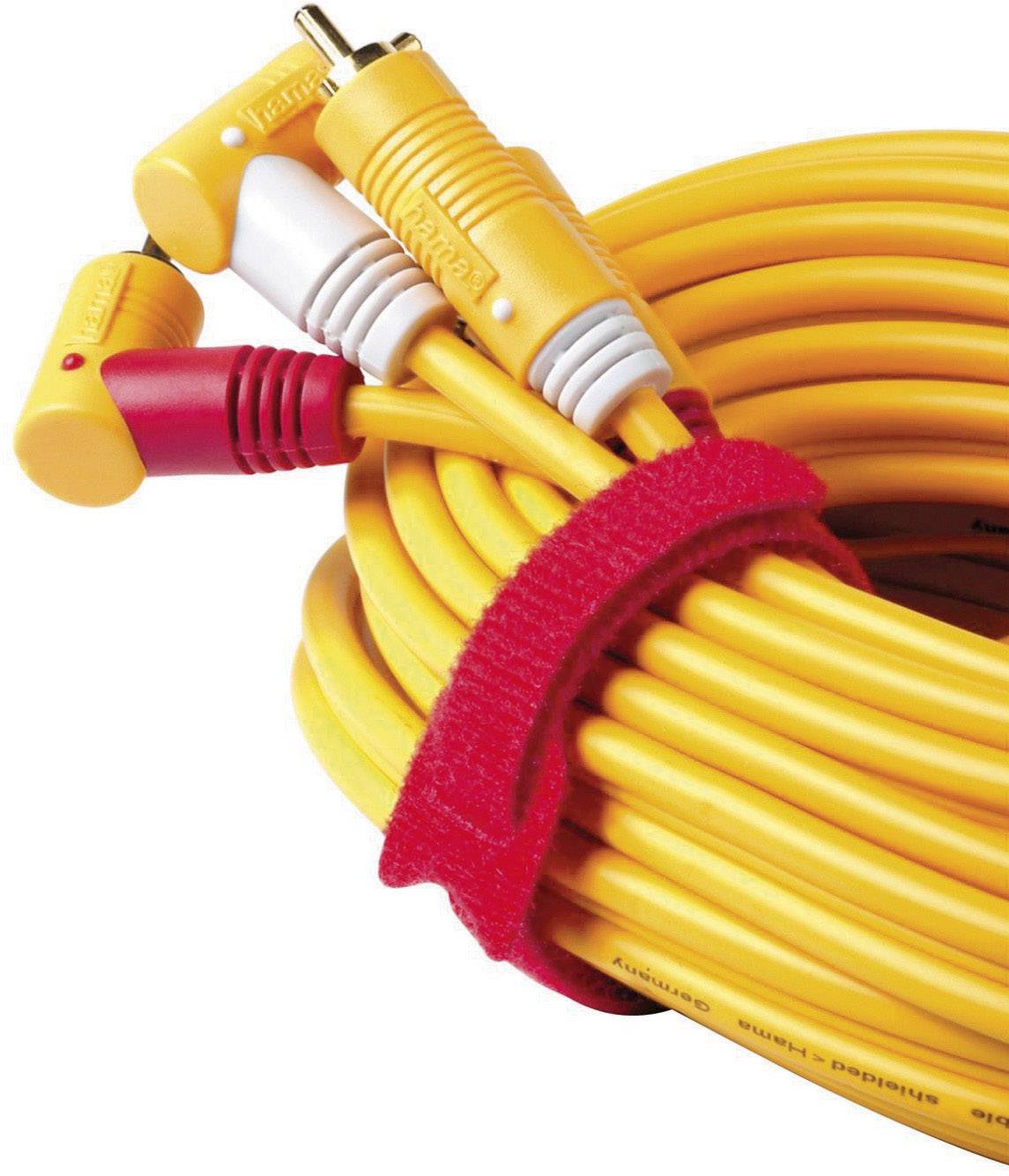 Kabel žluté barvy s červenými, bílými a žlutými konektory, svázané červenou suchou sponou.