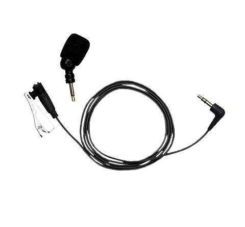 Mikrofonový klip (lavalierový mikrofon) s 3,5mm jackem, vhodný pro smartphony a kamery, na bílém pozadí.