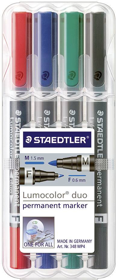 Balení obsahuje šest permanentních popisovačů Staedtler Lumocolor duo v různých barvách. Dva hroty na pero: 1,5 mm a 0,6 mm. Vyrobeno v Německu.