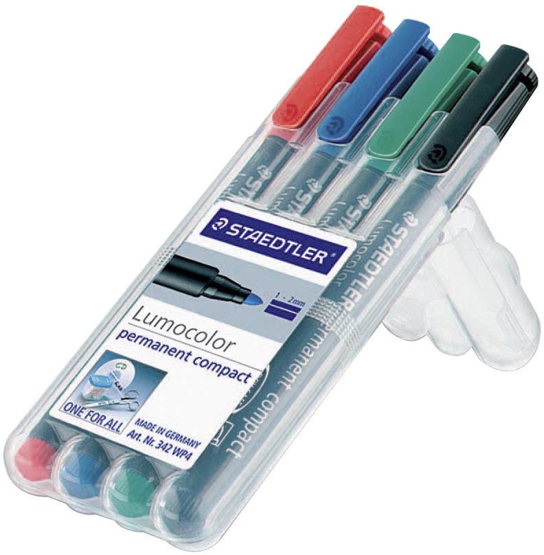 Sada fixů Staedtler Lumocolor v permanentních barvách červená, modrá, zelená a černá v průhledném plastovém obalu.