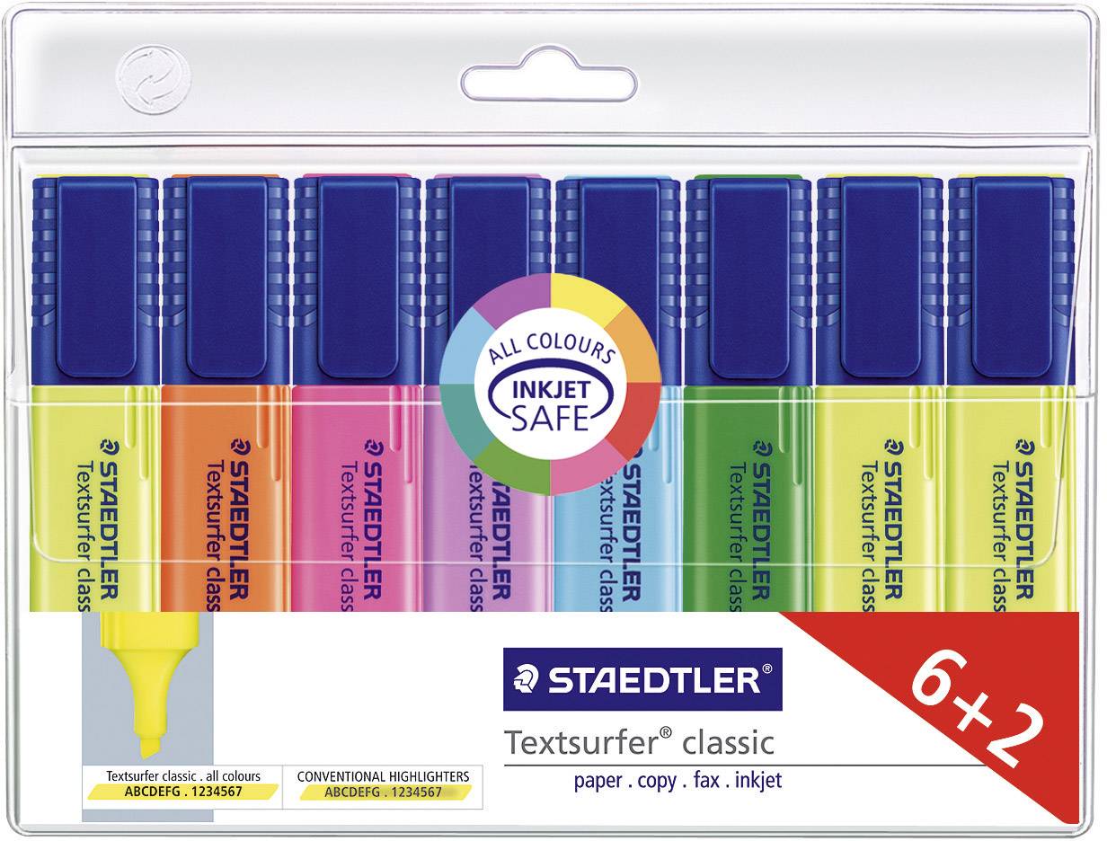 Barevná sada osmi zvýrazňovačů STAEDTLER Textsurfer classic, vhodných pro papír, kopie a fax. Včetně nabídky 6+2.