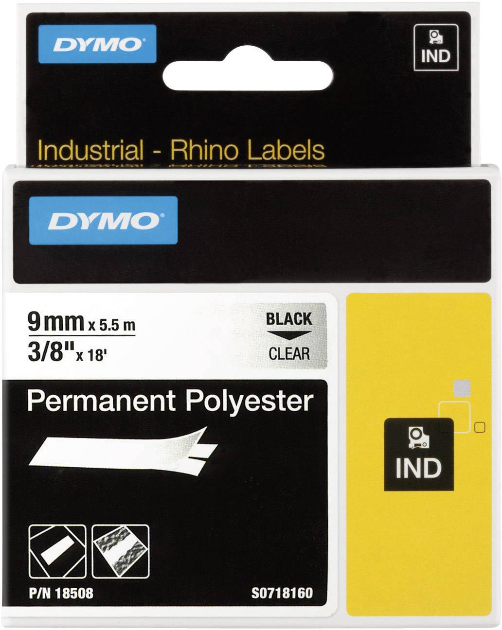 Páska do tiskárny štítků DYMO, průmyslové štítky Rhino, 9 mm x 5,5 m, černý text na průhledném polyesteru.