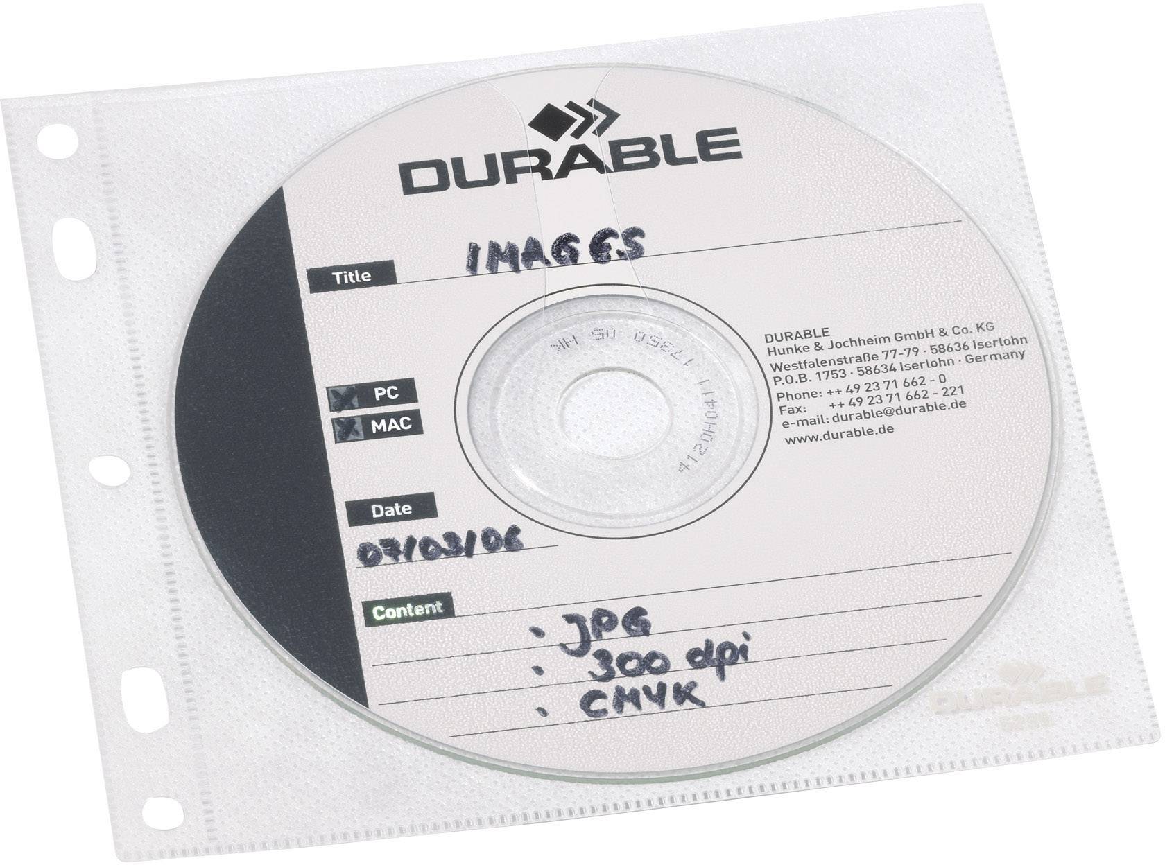 CD v obalu, označené štítkem 'IMAGES'. Poznámky: 'JPG, 300 dpi, CMYK'. Název značky 'DURABLE' nahoře, adresa viditelná dole.