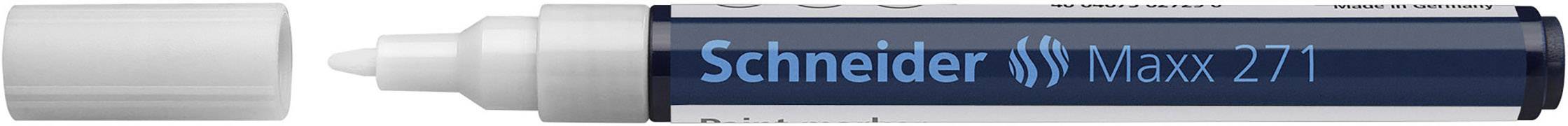 Bílý fix, víčko sundané. 'Schneider Waxx 271' na modré obálce.